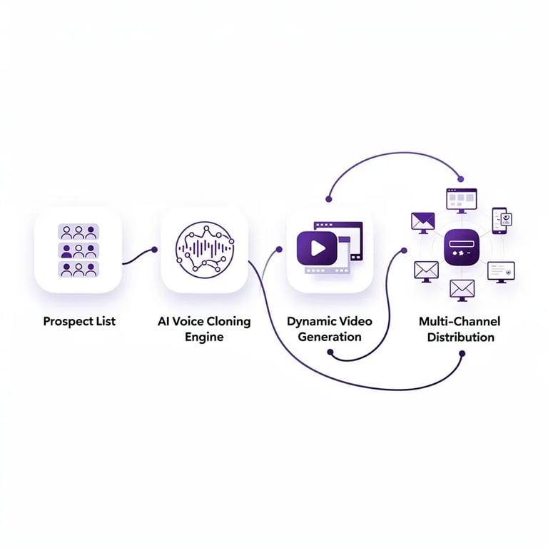 AI video personalization campaign workflow showing prospect list upload, AI video generation, and multi-channel distribution