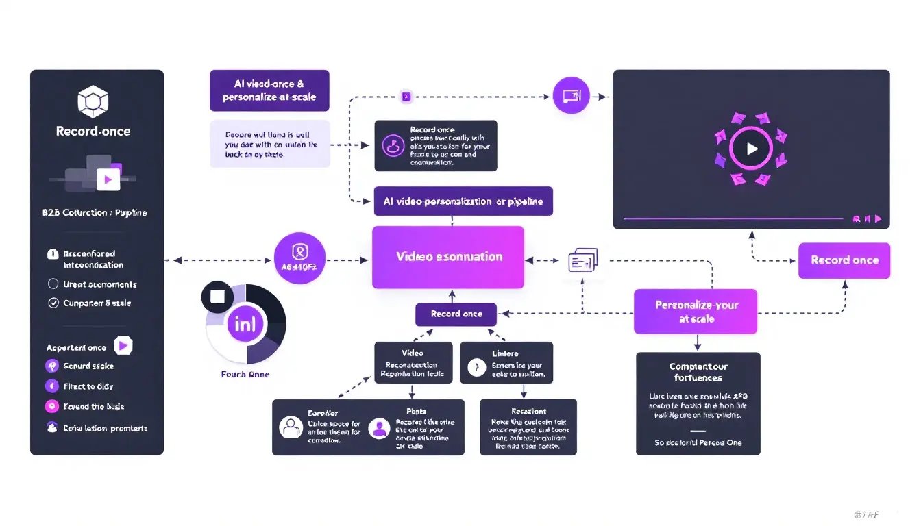 AI video personalization pipeline workflow diagram — from single master recording through AI voice cloning and dynamic backgrounds to individualized video delivery at scale