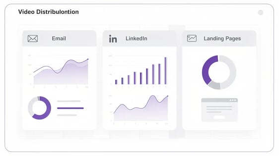 Multi-channel personalized video distribution dashboard showing email LinkedIn and landing page campaign metrics for B2B marketing teams