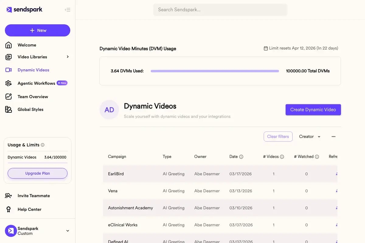 Sendspark AI voice cloning toggle in dynamic videos workflow for personalizing B2B sales outreach at scale
