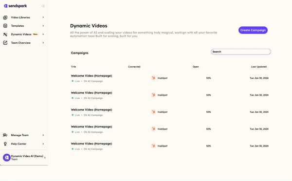Sendspark dynamic video automation interface showing workflow triggers for CRM-integrated video sequences