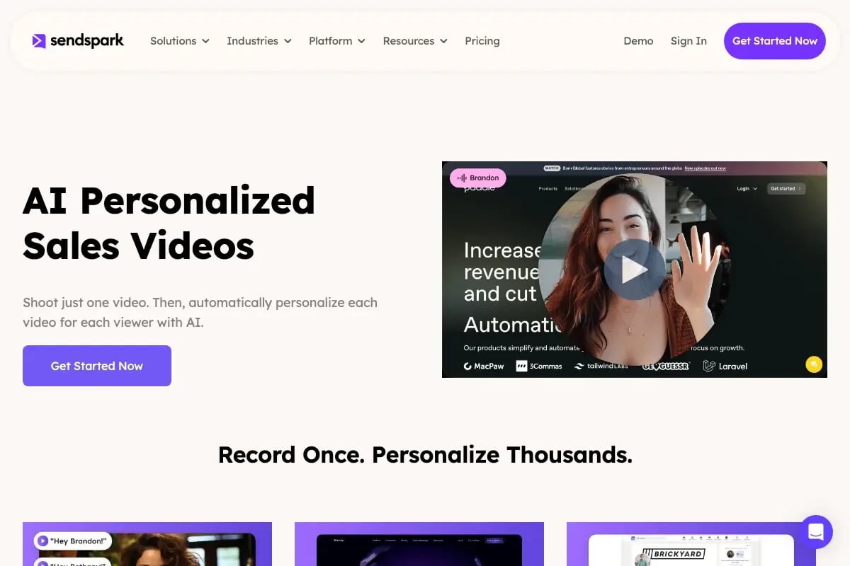 Sendspark AI voice cloning setup interface showing the recording workflow where a rep records once and AI generates personalized greetings for each prospect