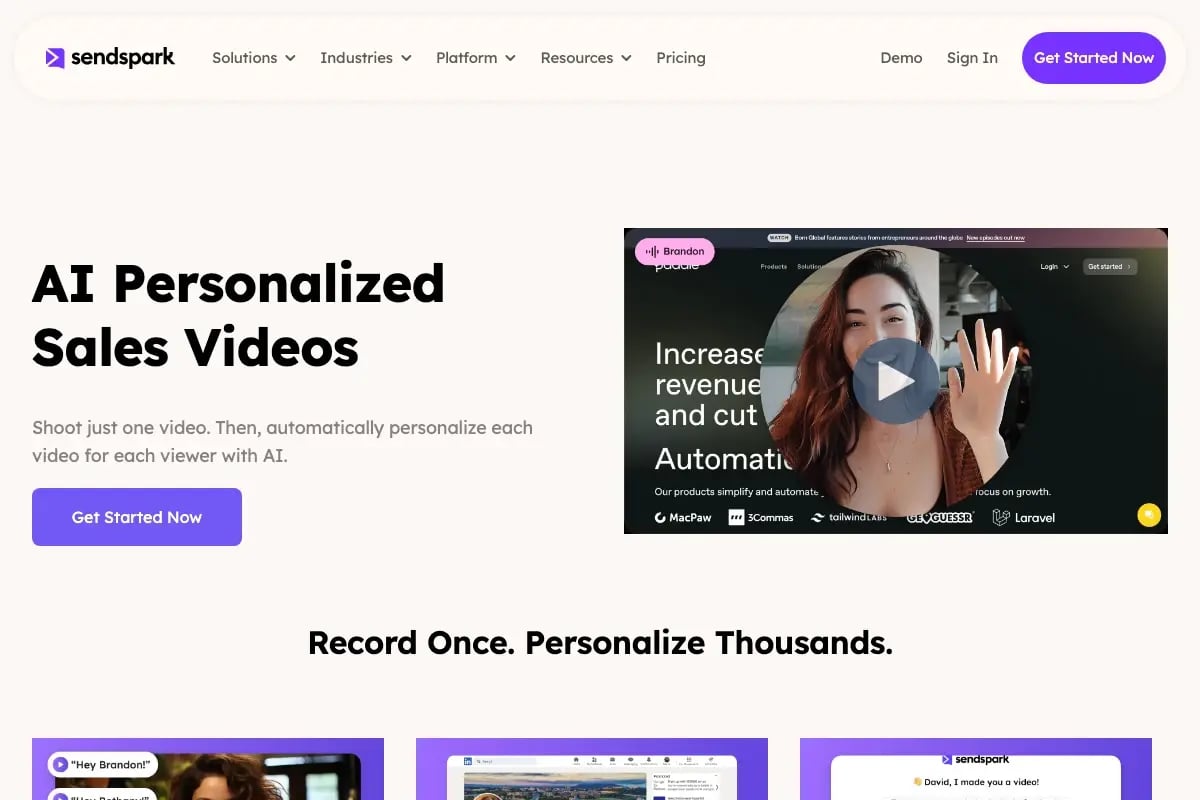 Sendspark dynamic backgrounds feature showing a prospect's company website rendered as the video background while the presenter appears in the foreground for AI-personalized video outreach