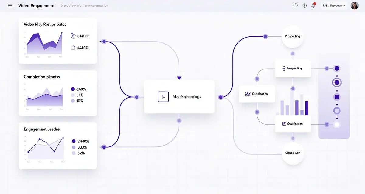 CRM workflow automation dashboard showing video engagement metrics flowing into sales pipeline stages