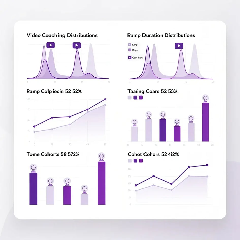 Sales rep ramp time reduction dashboard showing training completion rates and ramp metrics with video coaching